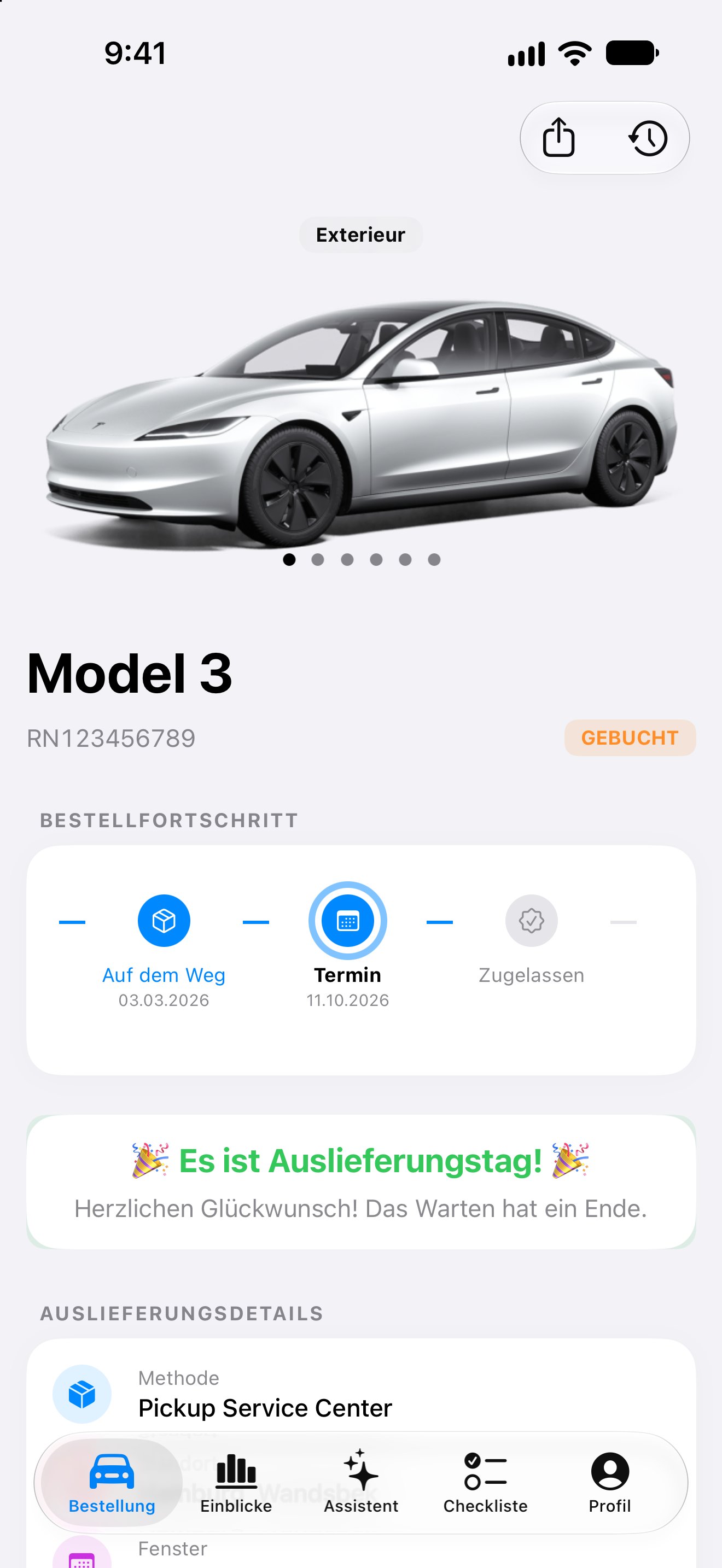 Model-3-Bestellfortschritt, Lieferfenster und Lieferdetails in der iPhone-App