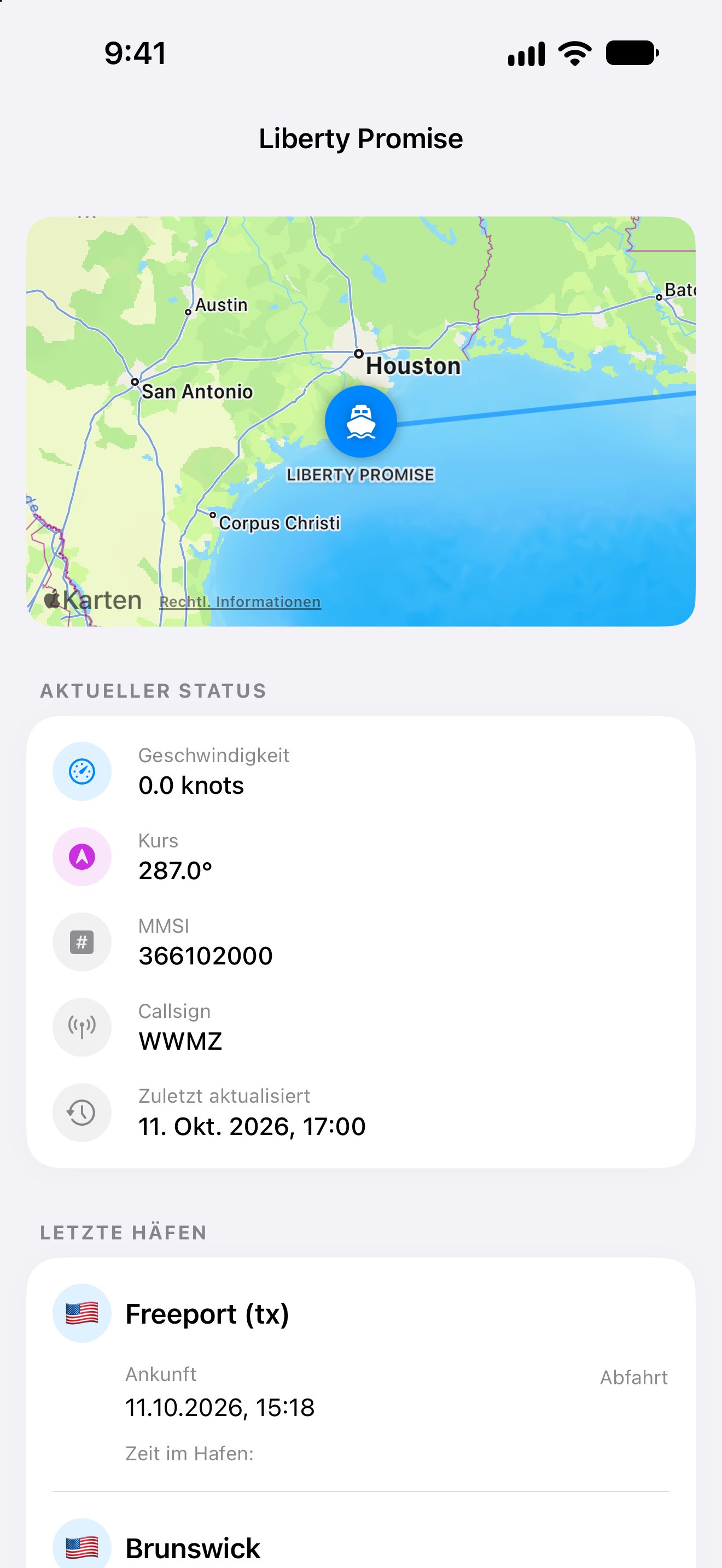 Schiffskarte, Ziel und geschätzte Ankunft in der iPhone-App
