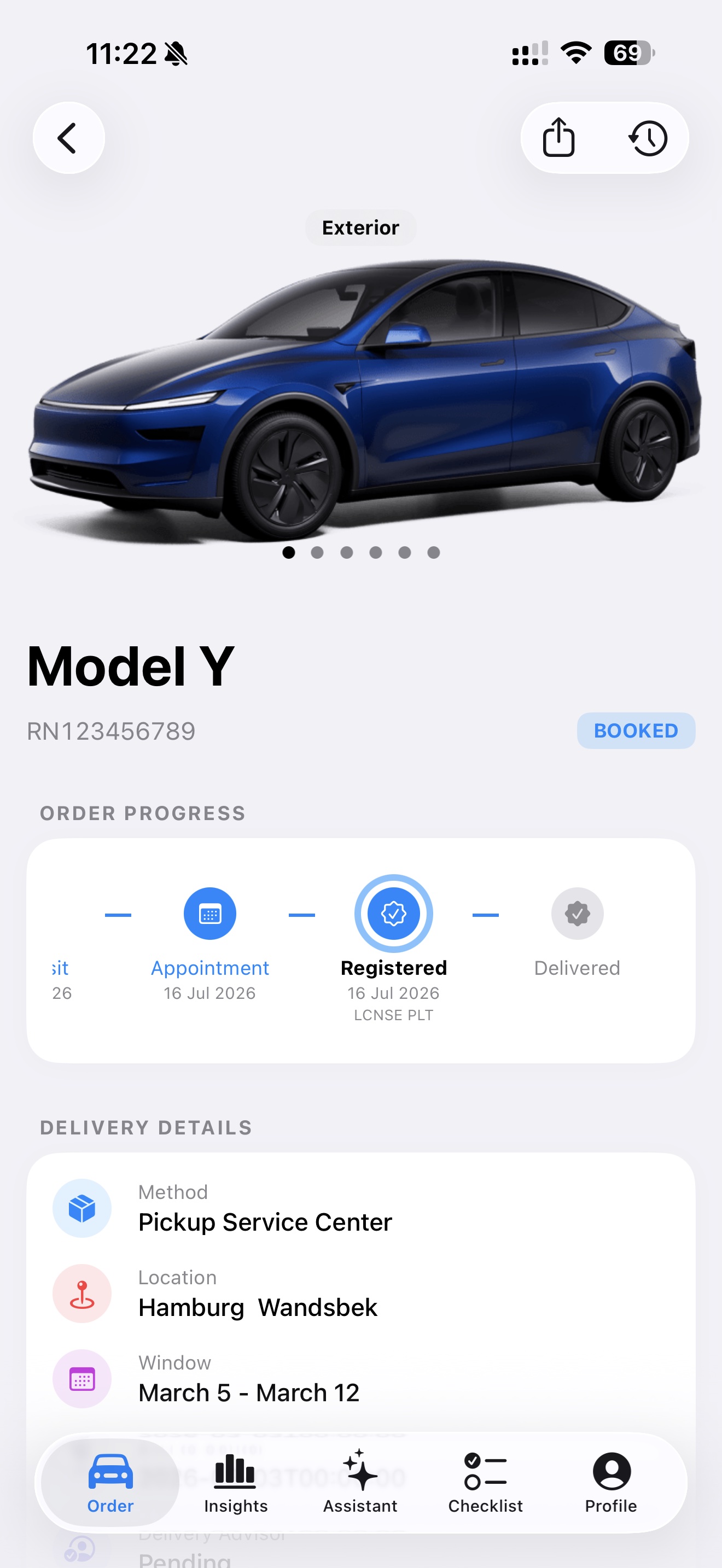 Model Y order progress with an estimated window and delivery details