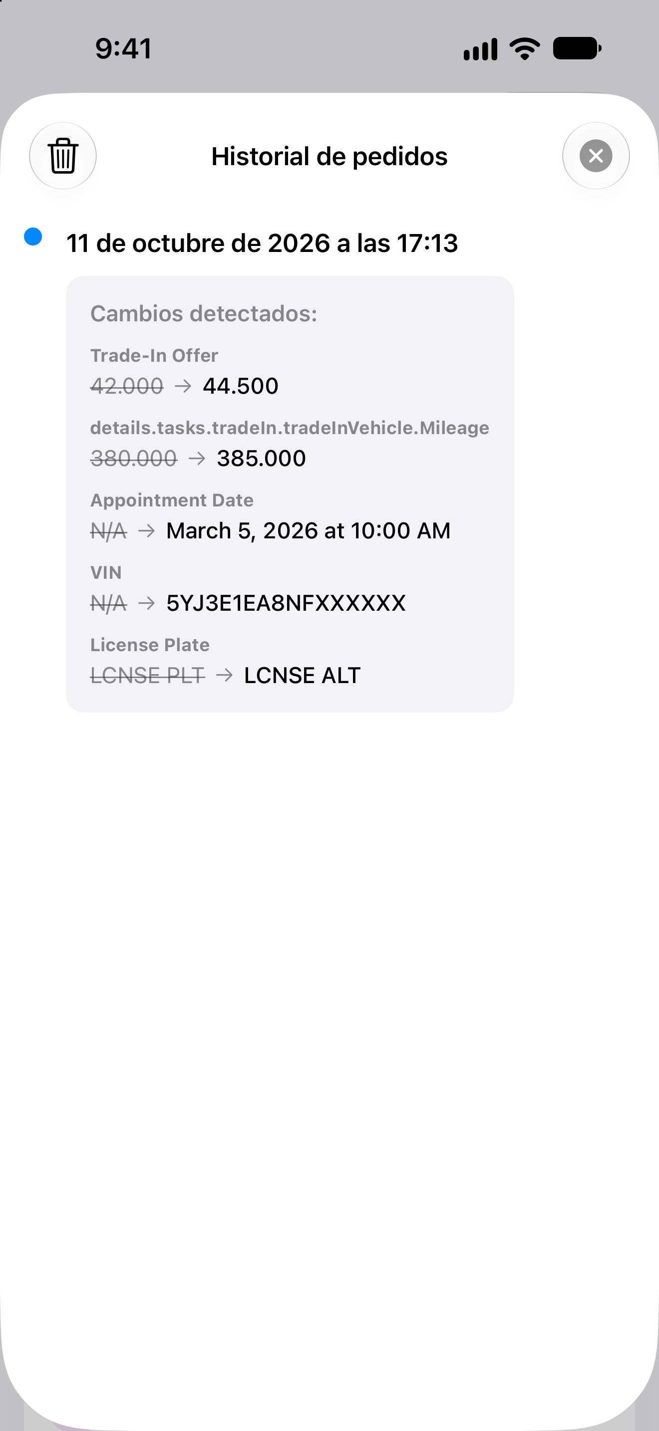 Historial con valores anteriores y nuevos en la aplicación iPhone