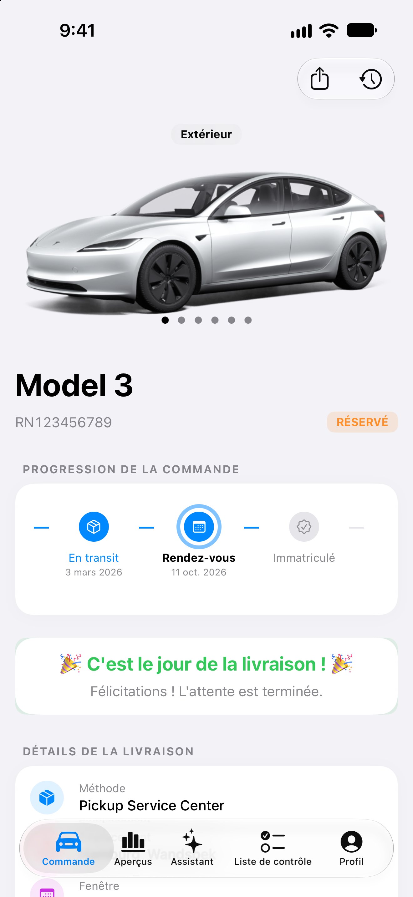 Avancement d’une commande Model 3, fenêtre et détails de livraison dans l’application iPhone