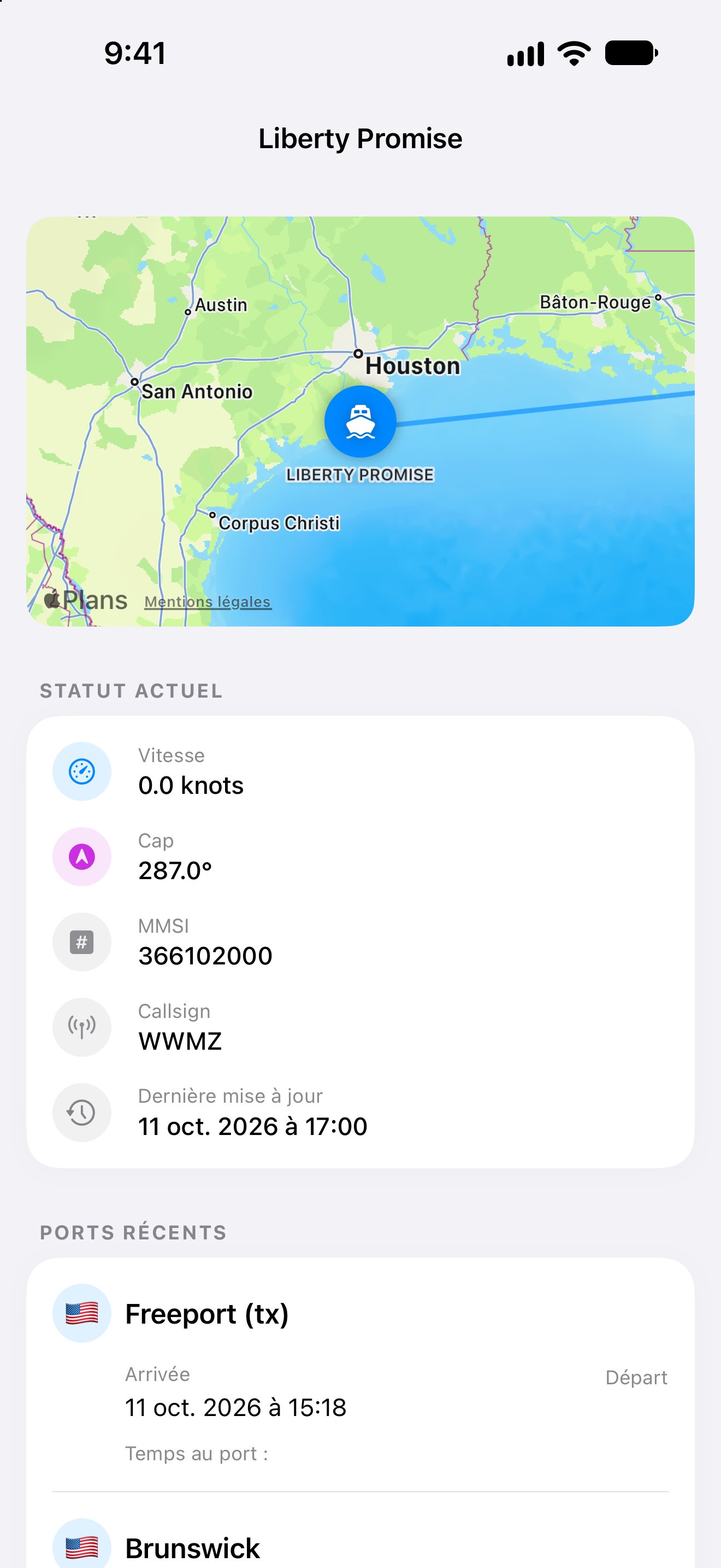 Carte du navire, destination et arrivée estimée dans l’application iPhone