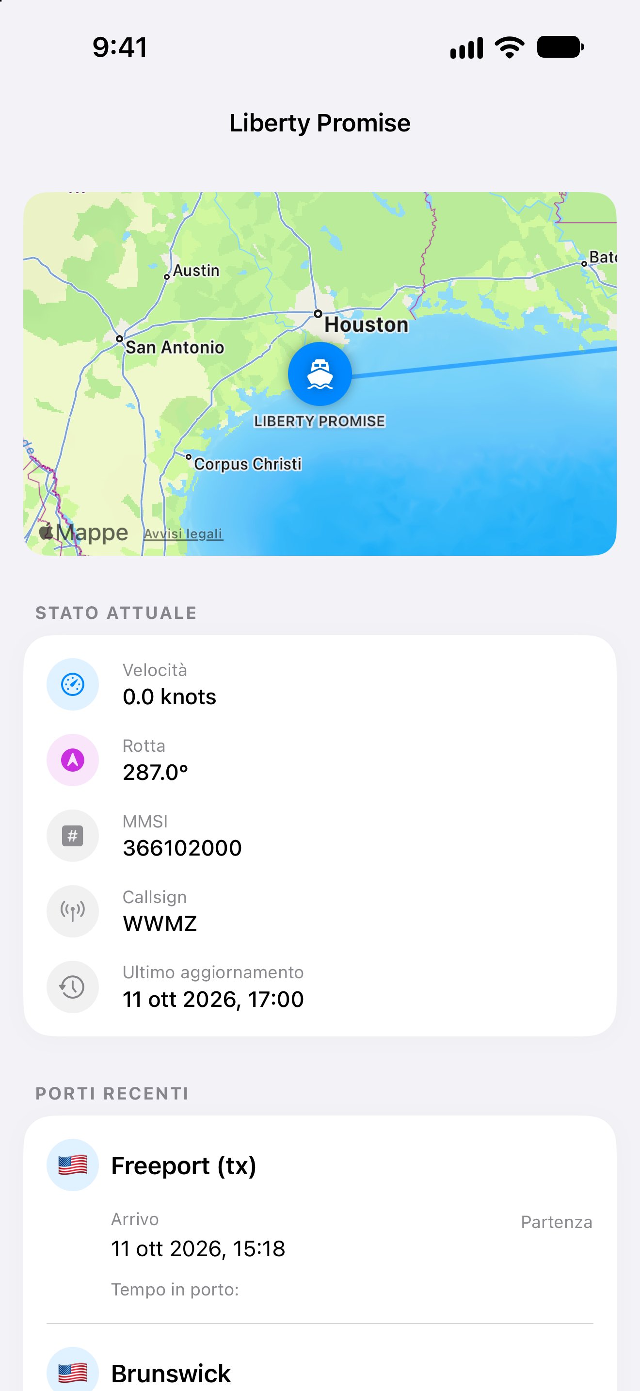 Mappa della nave, destinazione e arrivo stimato nell’app iPhone