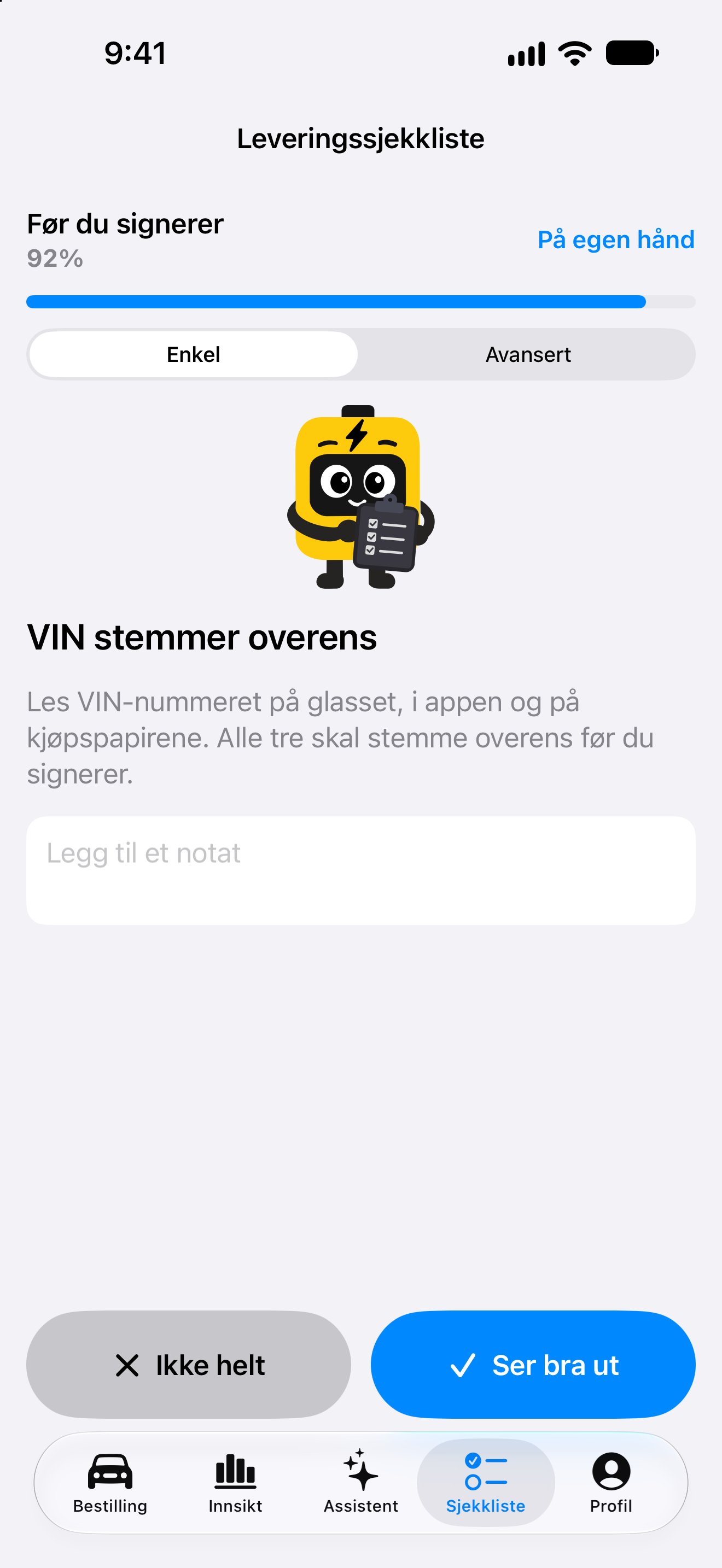 Inspeksjonssjekkliste for overlevering i iPhone-appen