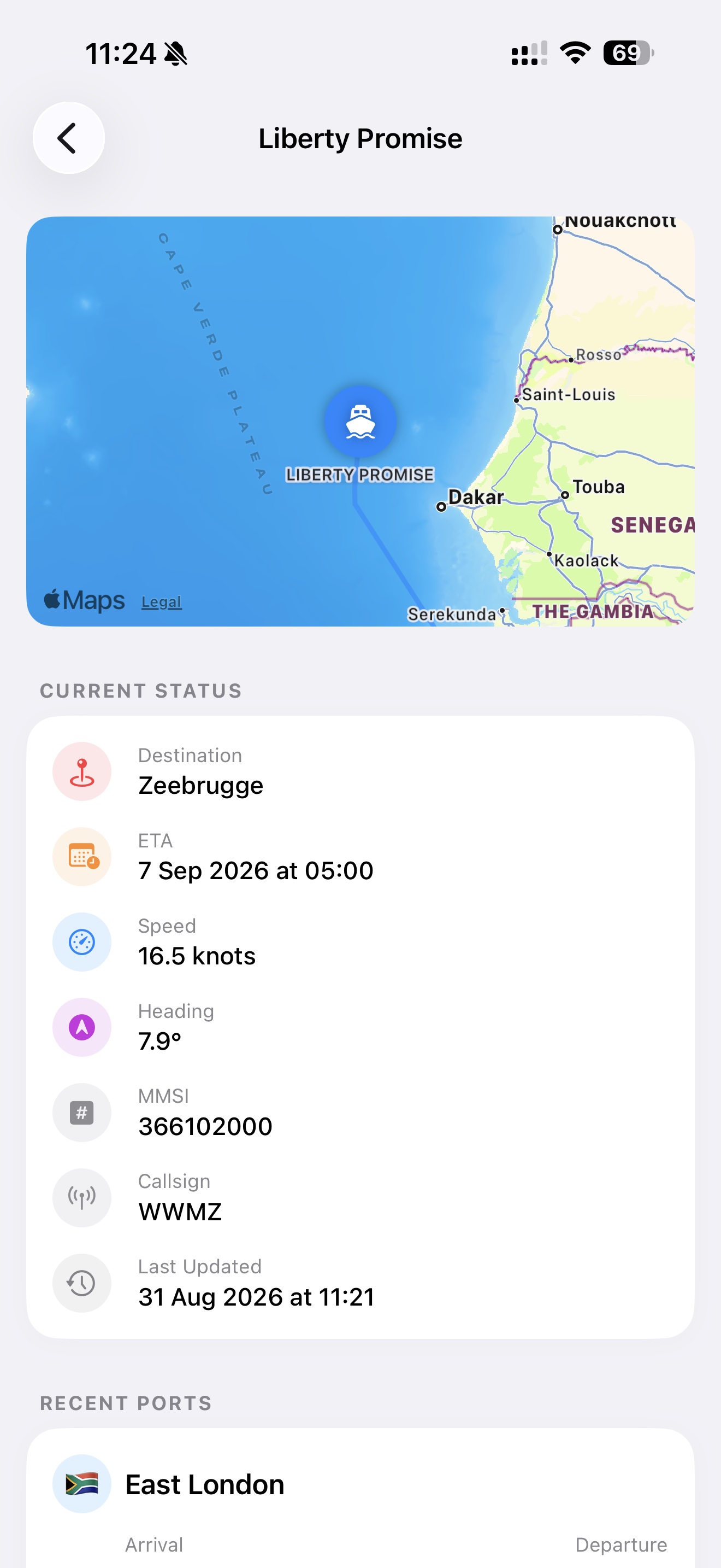 Ship tracking for Liberty Promise with map, destination Zeebrugge, ETA, and recent ports